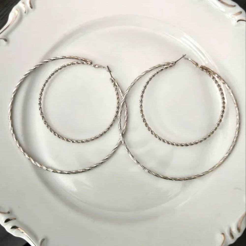 Large Silvertone Braid Rope Lightweight Hoop Earrings